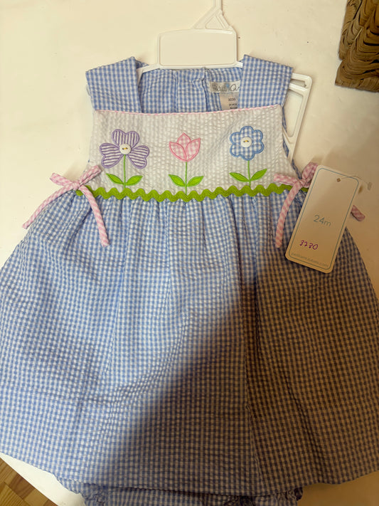 Petit Ami Blue Sunbubble with Overlay Skirt & Flower Applique - Persnickety Shop