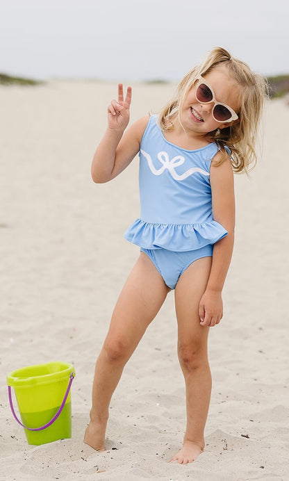 Girls Blue Ruffle Swimsuit with White Bow Appliqué by Funtasia Too! - Persnickety Shop