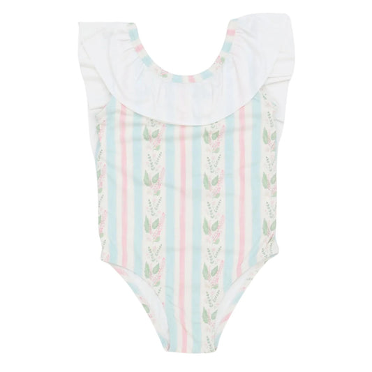 HAMNER HILL Girls Blue Floral Stripes Flutter Sleeve One Piece
