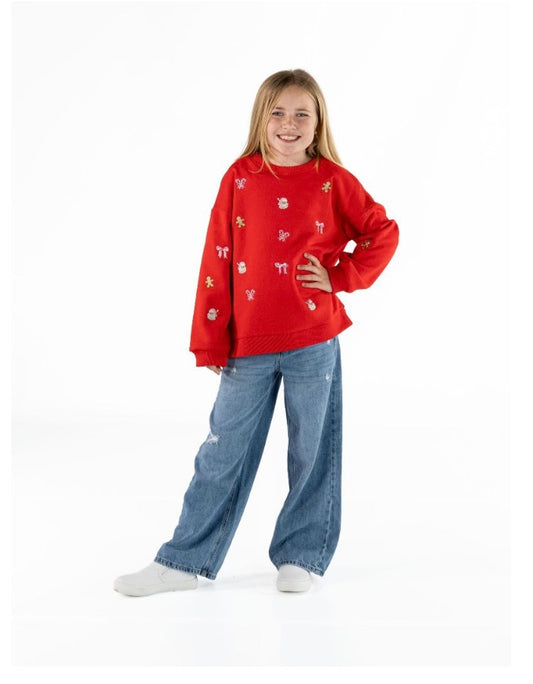 Simply Southern Girls Embellished Holiday Ribbon Red Sweater