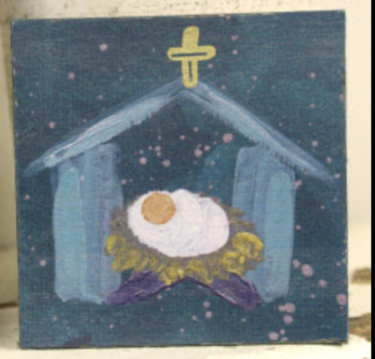 Hand Painted Blue Manger or Christmas Tree Wood Box 4x4" - Persnickety Shop