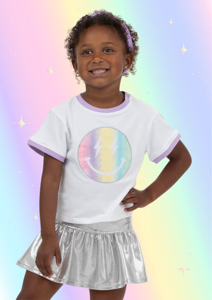 Azarhia Glitter Pastel Rainbow Smiley Ringer Boxy Tee
