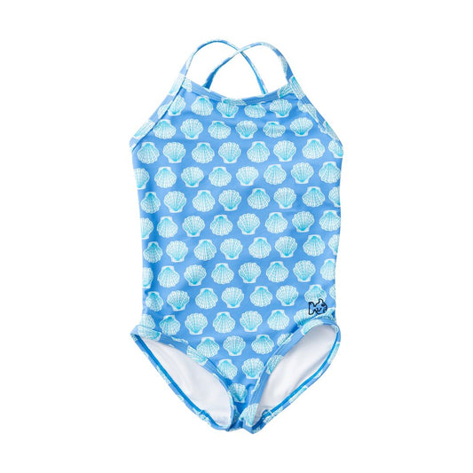 PRE ORDER PRODOH Girls' Spring Tides Bow Back One Piece Swimsuit Marina Blue Shells Print - Persnickety Shop