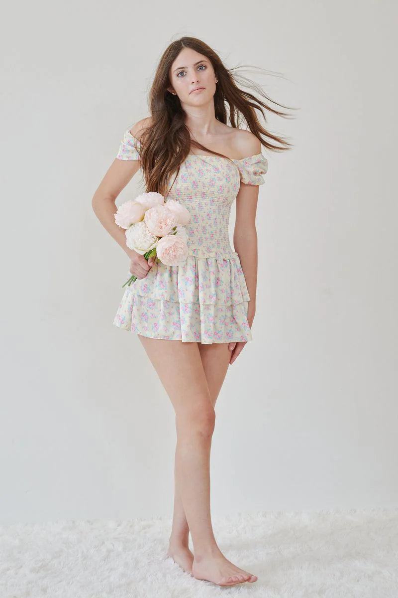THEME - Lexi Romantic Rose With Yellow Satin Smocked Short Sleeve Ruffle Dress - Persnickety Shop