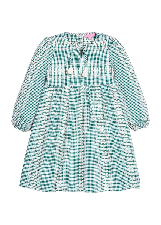 Bisby Long Sleeved Riviera Dress - Geneva Gingham Green