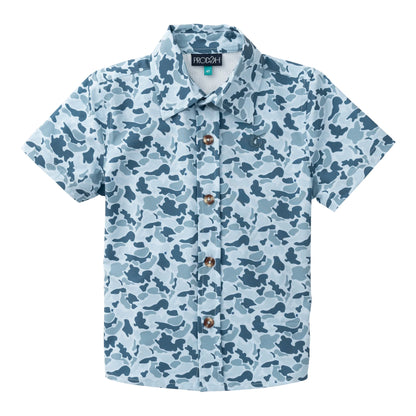 PRODOH Boy's Short Sleeve Button Down Shirt in Cool Blues Break Point Camo