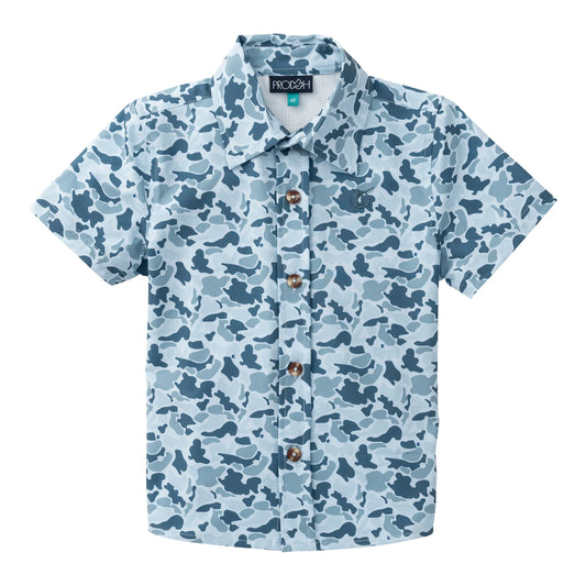 PRODOH Boy's Short Sleeve Button Down Shirt in Cool Blues Break Point Camo