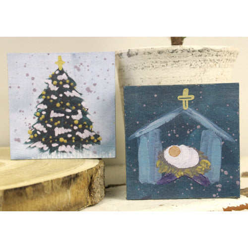 Hand Painted Blue Manger or Christmas Tree Wood Box 4x4" - Persnickety Shop