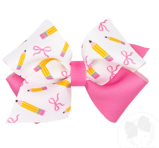 Extra Small Back to School Colorblock Pencil Print Hair Bow