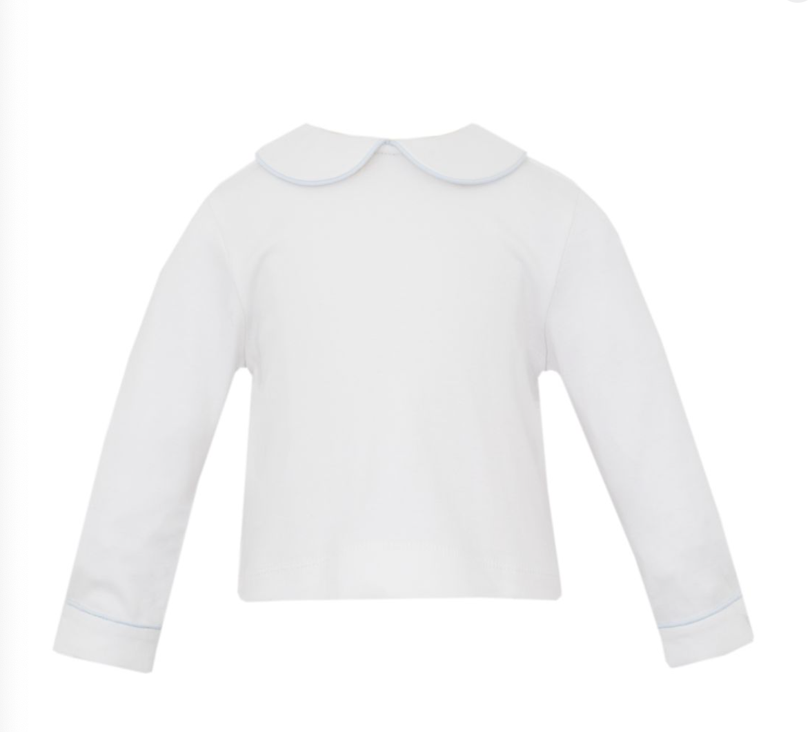 PREORDER Petit Bebe White knit Peter Pan Boy's Shirt With Lt.Blue Pipping
