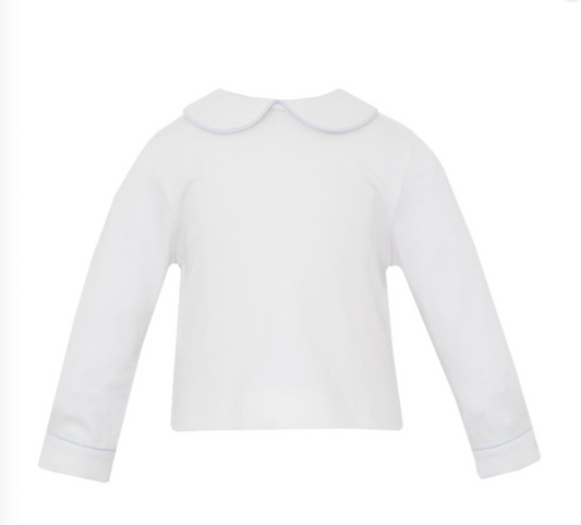 PREORDER Petit Bebe White knit Peter Pan Boy's Shirt With Lt.Blue Pipping