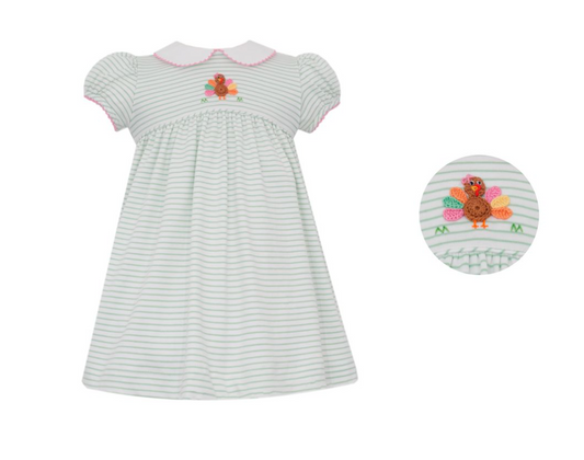 PREORDER Petit Bebe TURKEY GIRL´S - Green knit stripe Girl's dress