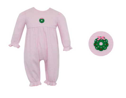 PREORDER Petit Bebe WREATH - Pink knit stripe girl's long romper