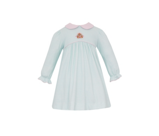 PREORDER Petit Bebe GINGERBREAD GIRL´S - Aqua knit stripe dress w/ pink collar