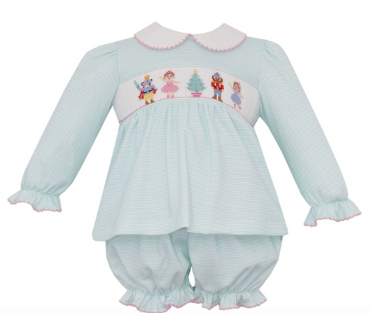 PREORDER Petit Bebe NUTCRAKER GIRL´S - Aqua knit stripe bloomer set w/ collar