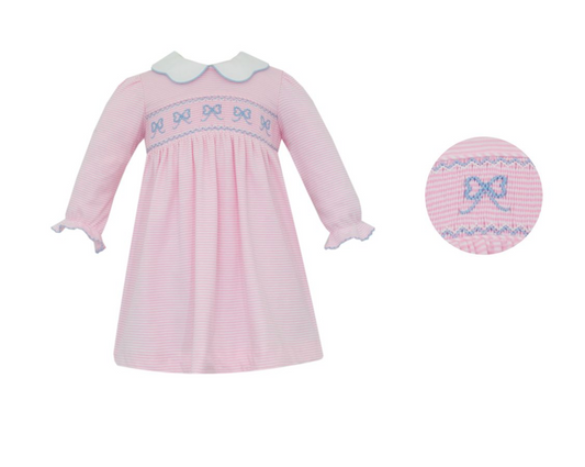 PREORDER Petit Bebe BOWS - Pink knit stripe dress L/S