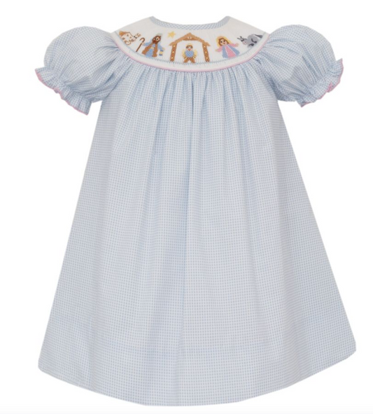 PREORDER Petit Bebe NATIVITY GIRL´S - Blue check bishop w/insert S/S