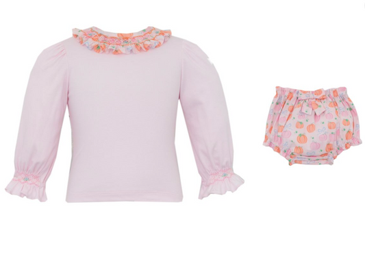 Petit Bebe BLOOMER SET - Pumpkin print bloomer set w/smocked collar - Pink knit top L/S