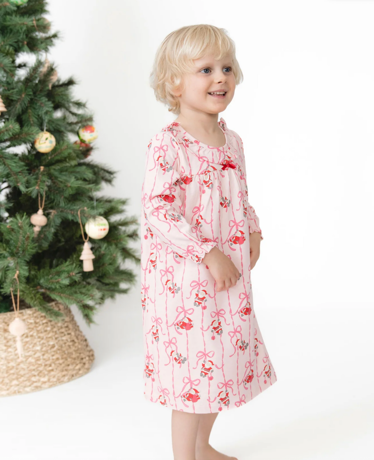 Angel Dear Bows & Santa - Long Sleeve Gown With Ruffle Collar