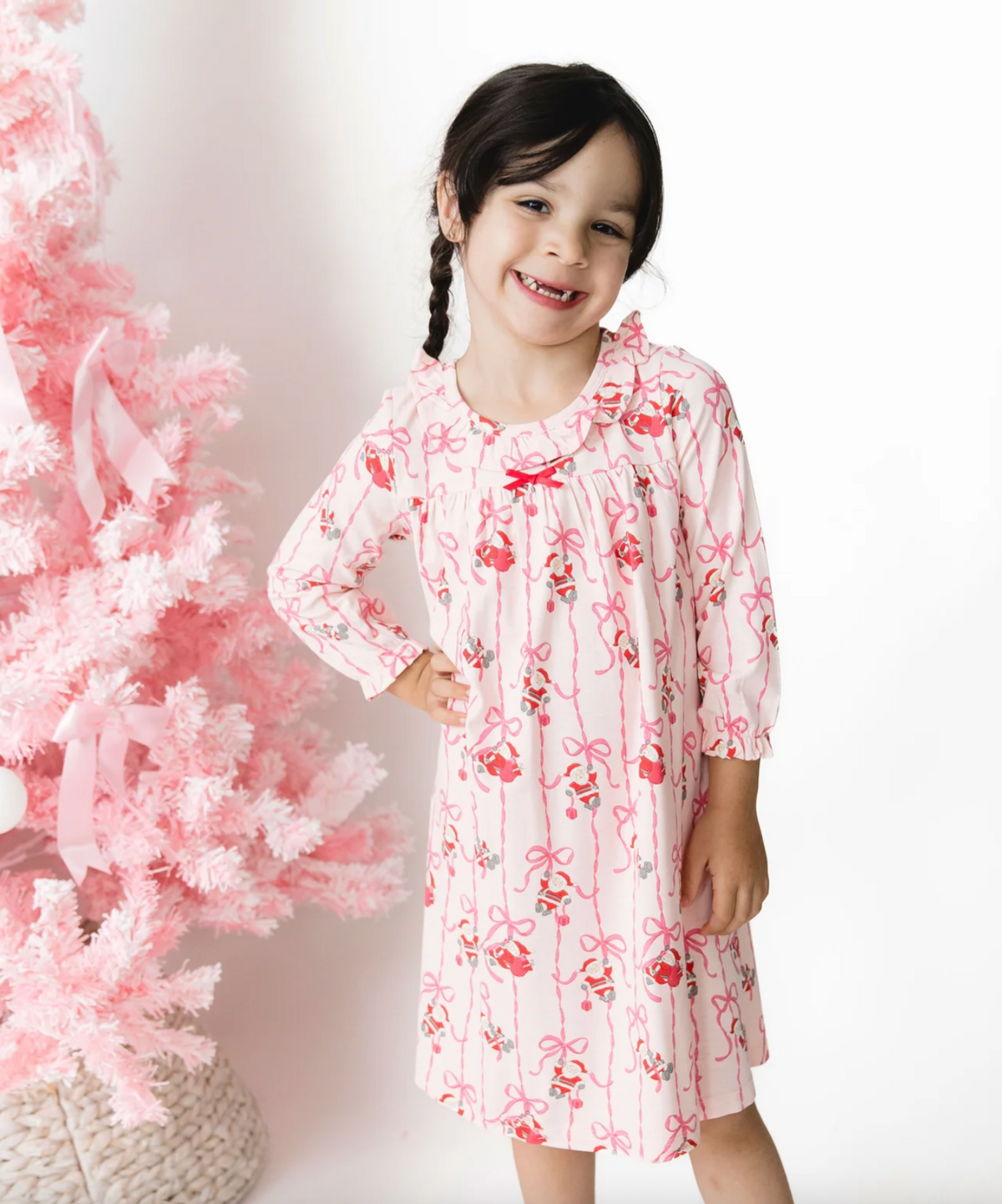 Angel Dear Bows & Santa - Long Sleeve Gown With Ruffle Collar