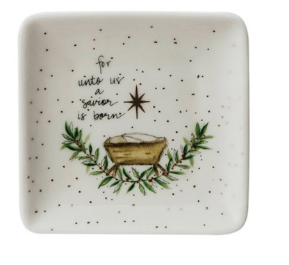 Christmas Trinket Dish -Stoneware Dish w/ Gold Details