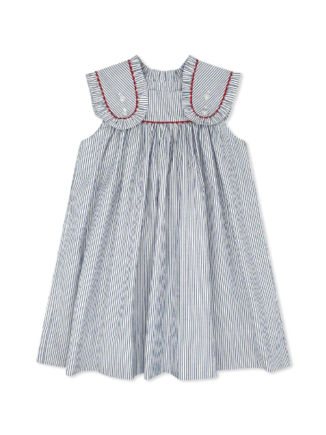 Lullaby Set -Frances Flap Dress River Royal Seersucker with Red Ric Rac - Persnickety Shop