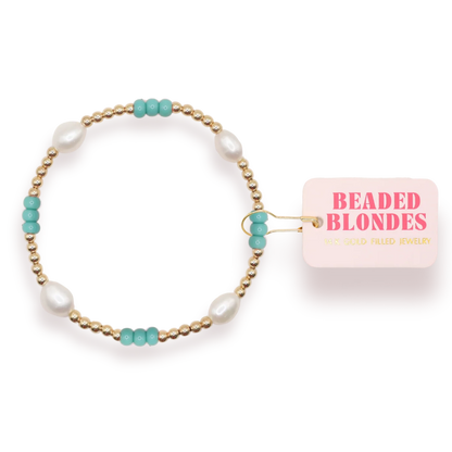 Beaded Blondes Turquoise Pearl Poppi Bracelet 6.75 inch
