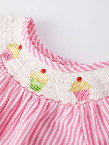 Girls Stripe Cake Smocking Embroidered Pink Romper: 6M - Persnickety Shop
