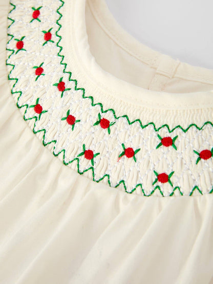 Christmas Girl's Romper : Delicate Embroidery with Red Bow Details: 12M - Persnickety Shop