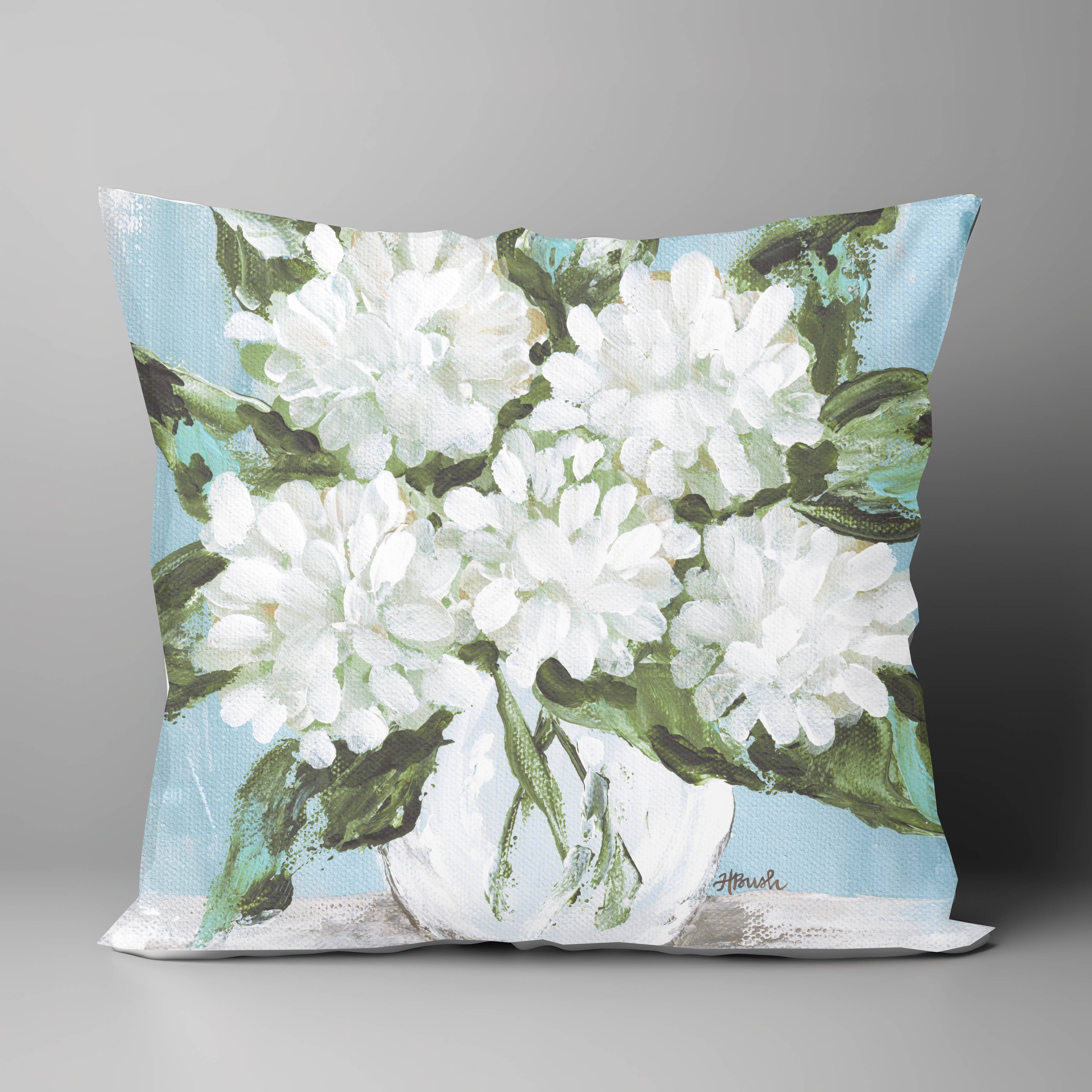 "White Hydrangeas on Blue" on 18"X18" Pillow: 18"X18" / Pillow