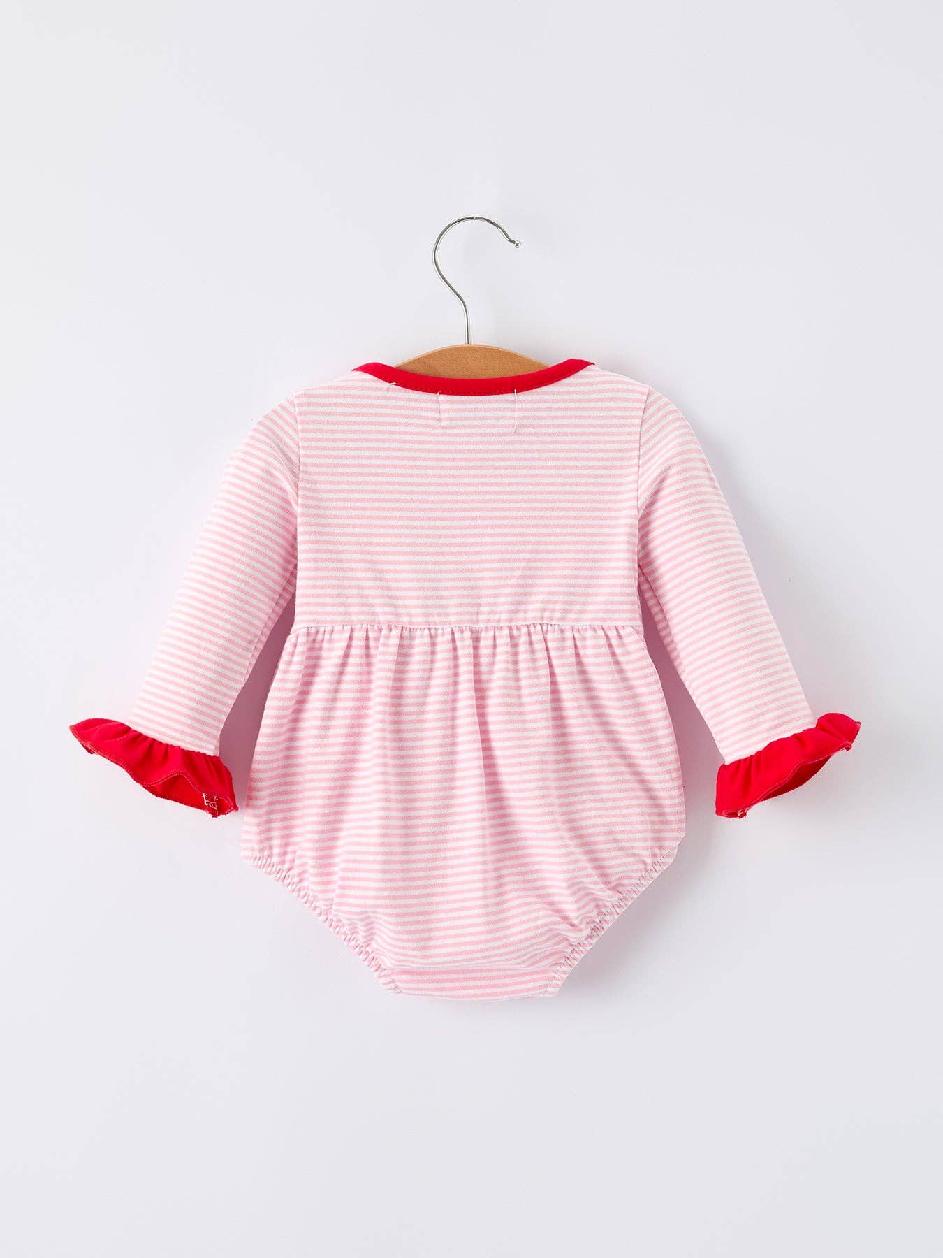Christmas Candy Cane Embroidery Striped Baby Girl Romper with Pocket Ruffles: 3M - Persnickety Shop
