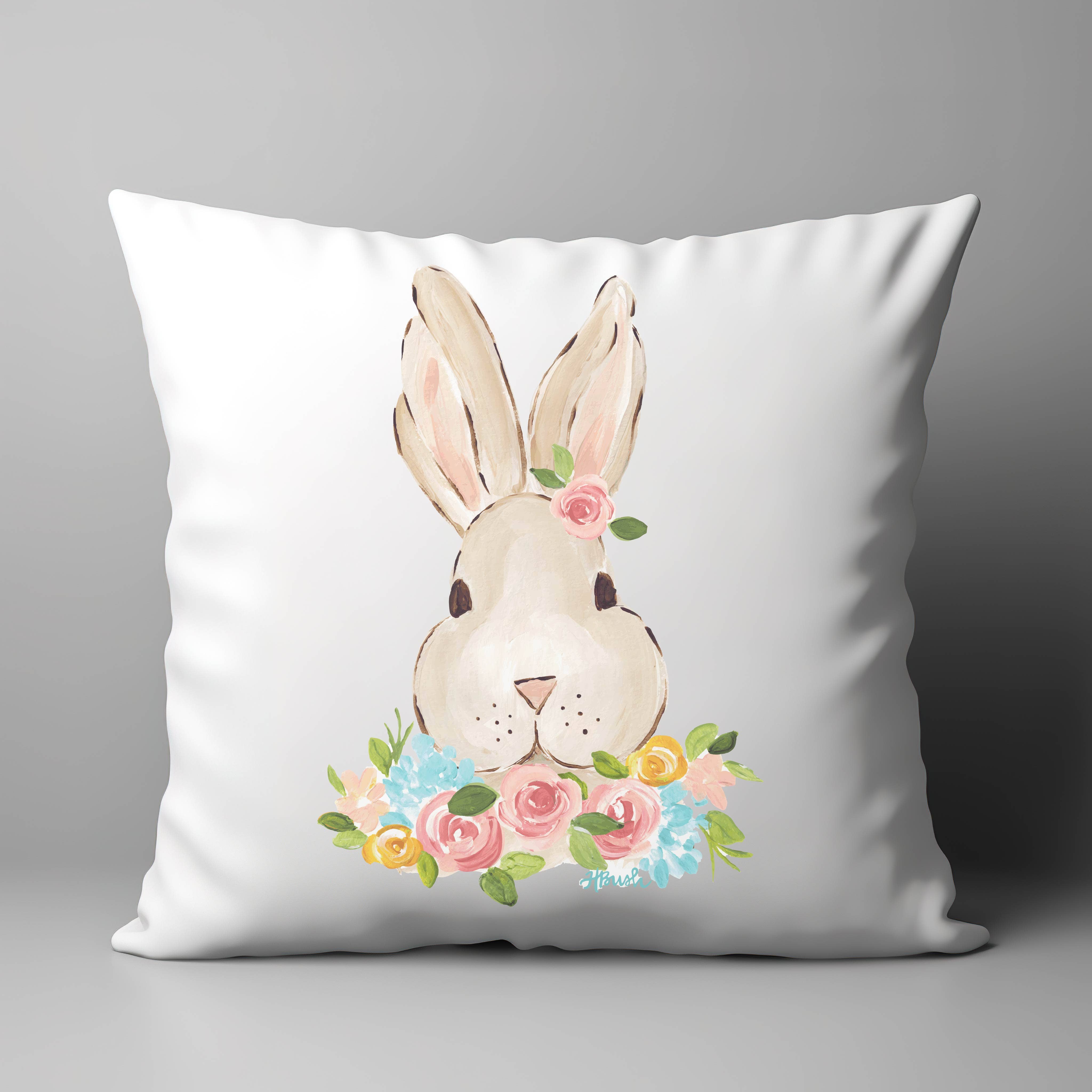 "Bunny with Floral Wreath" on 18"X18" Pillow: 18"X18" / Pillow