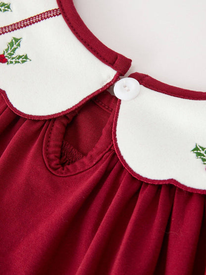 Christmas Holly Embroidered Girls Dress Petals Collar Puff Sleeve