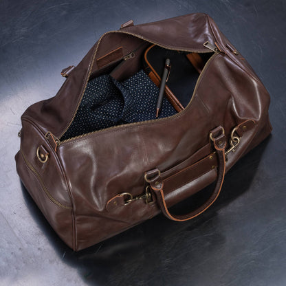 Buffalo Leather Duffle with Trolley Sleeve: Saddle Brown