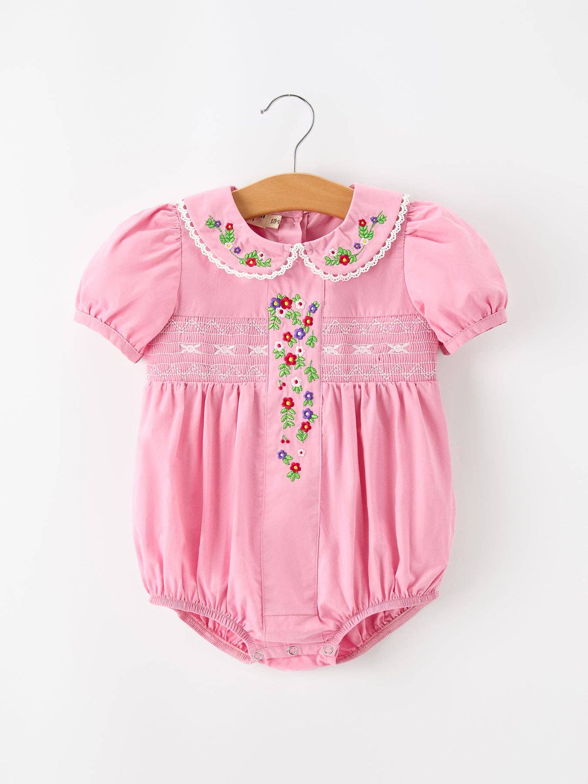 Baby Girls FALL Pink Floral Embroidered Smocked Bubble Romper: 12M