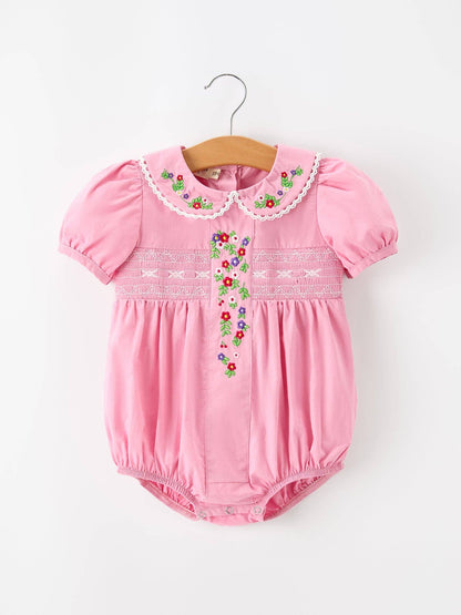 Baby Girls FALL Pink Floral Embroidered Smocked Bubble Romper: 12M