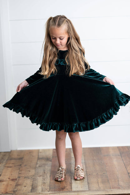 Kids Emerald Green Velvet Ruffle Fancy Christmas Party Dress: 5/6 - Persnickety Shop
