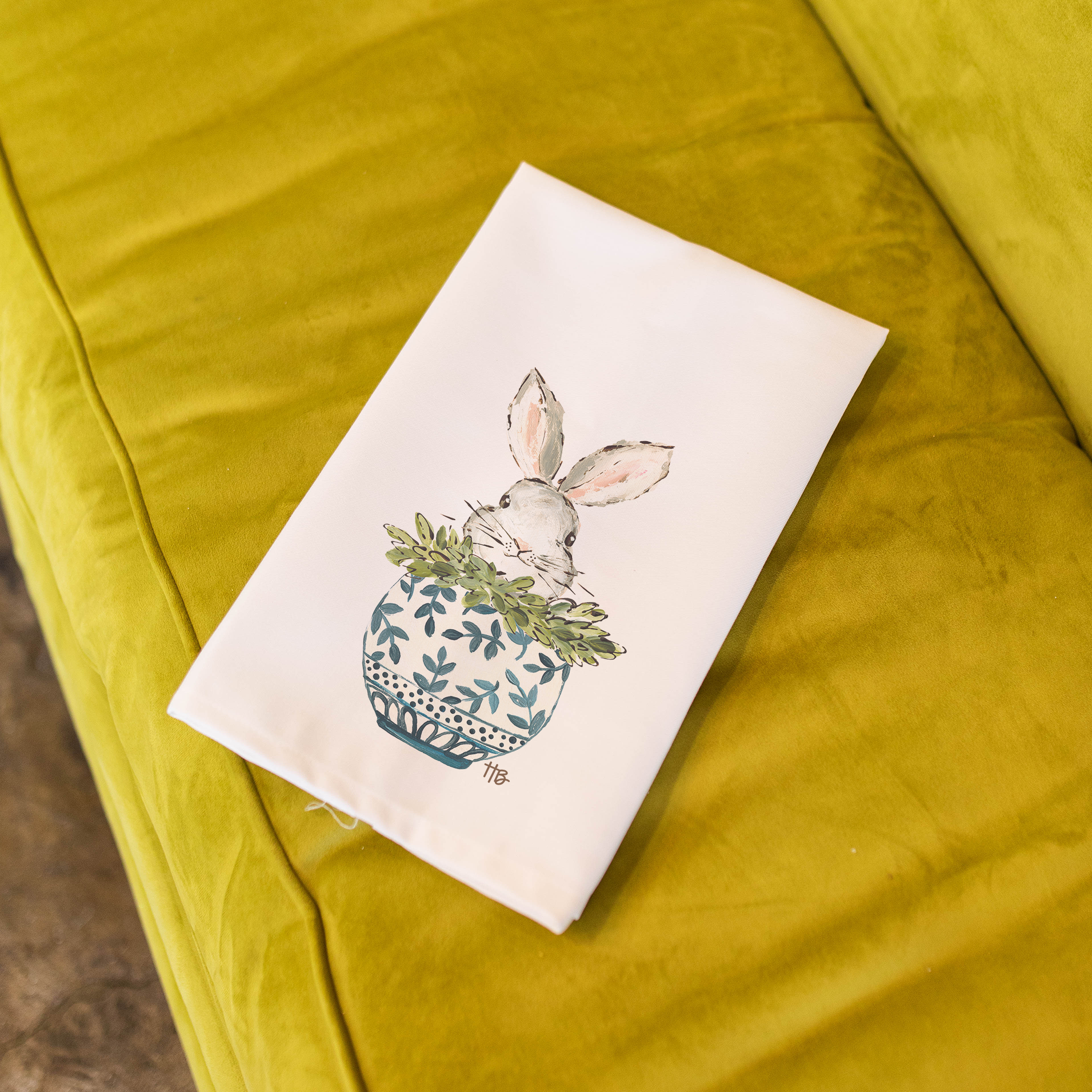 Spring Easter "Bunny Chinoiserie Pot" Tea Towel: Standard / Tea Towel