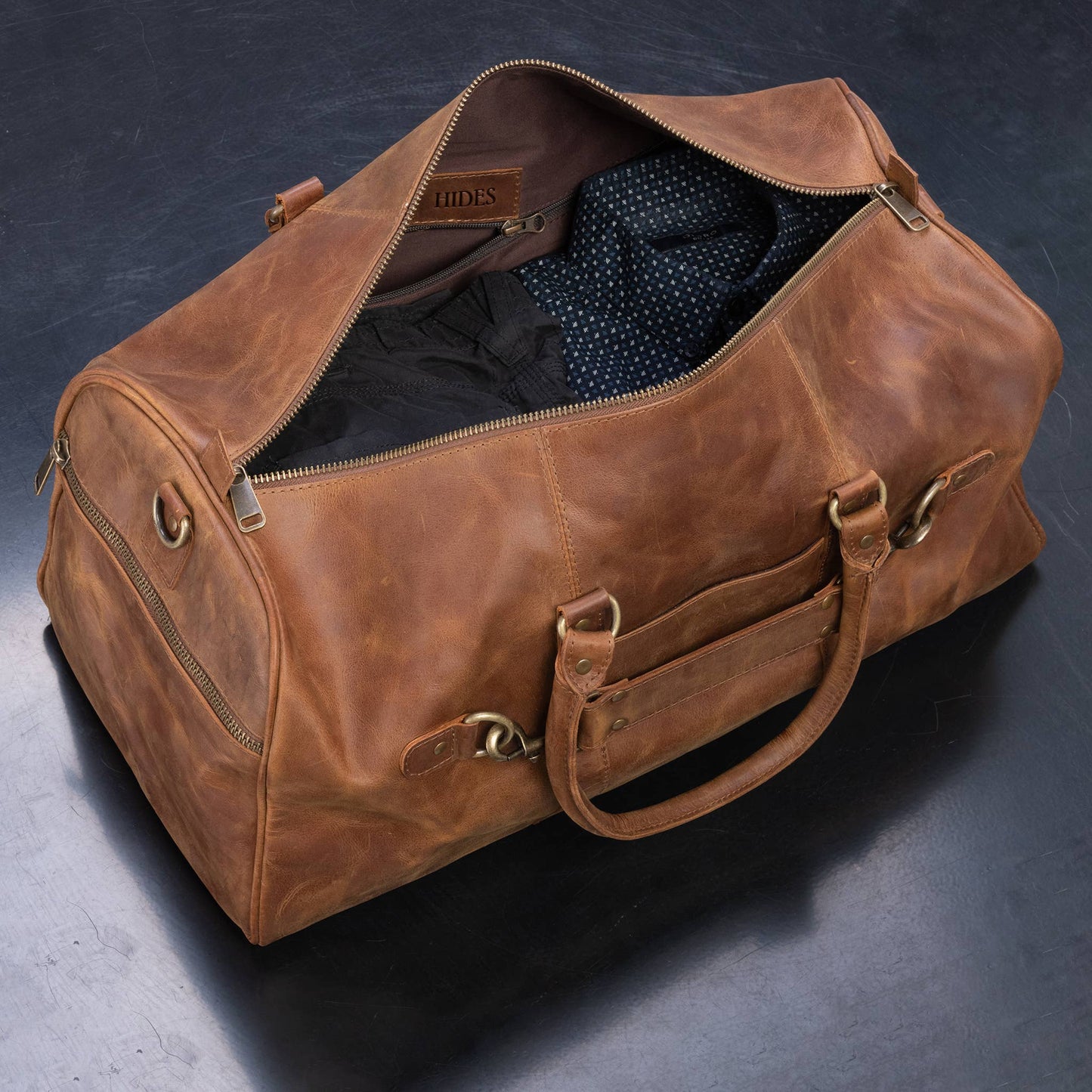 Buffalo Leather Duffle with Trolley Sleeve: Saddle Brown
