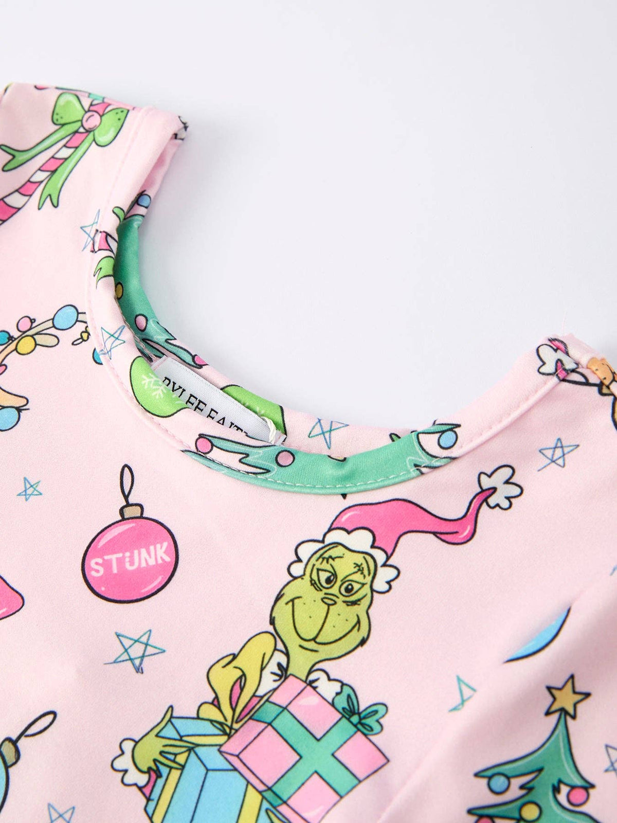 Pink Christmas Character Print Long Sleeve Girls Dress: 6