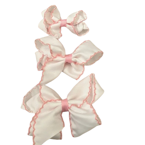 Classic Grosgrain Moonstitch Hair Bow - Medium: White w/ Pink - Persnickety Shop