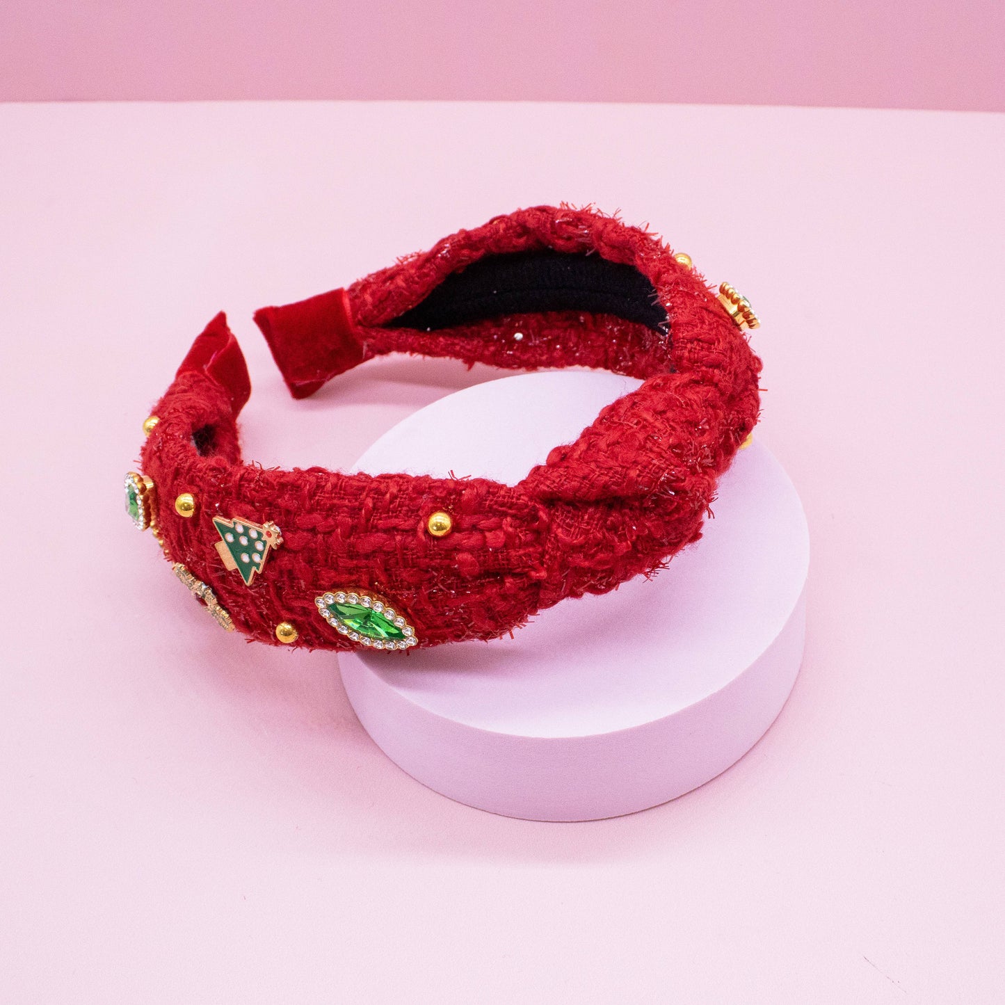 Christmas Knot Headband - Embellished Tweed Rhinestone Pearl - Persnickety Shop