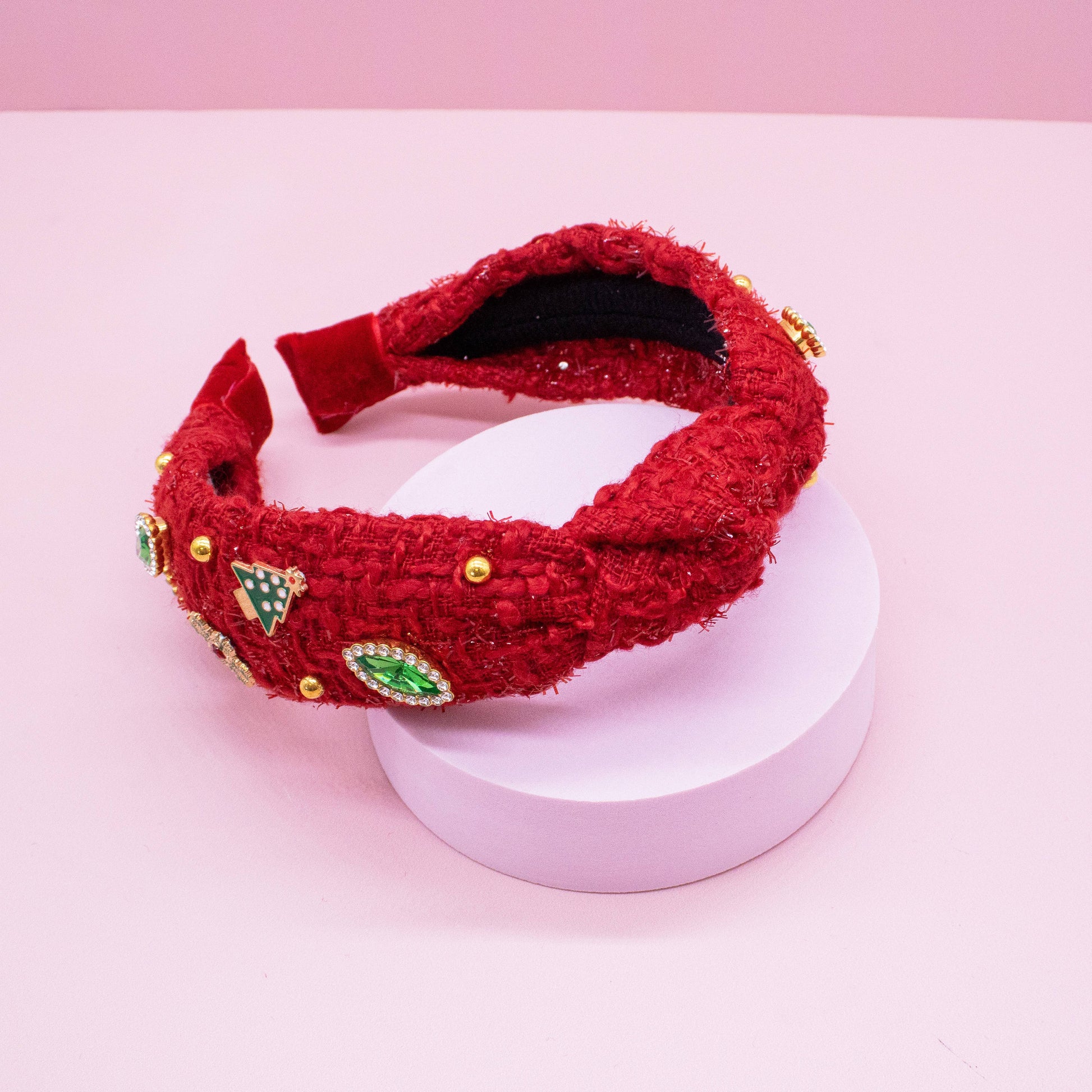 Christmas Knot Headband - Embellished Tweed Rhinestone Pearl - Persnickety Shop
