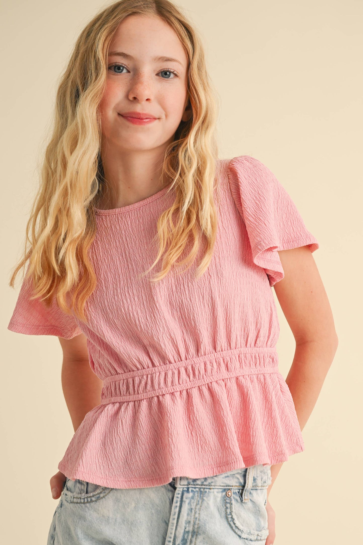 ROUND NECK FLUTTER SLV PEPLUM TOP W/ JULIETTE WAIST (7-14): 7/8 - Persnickety Shop