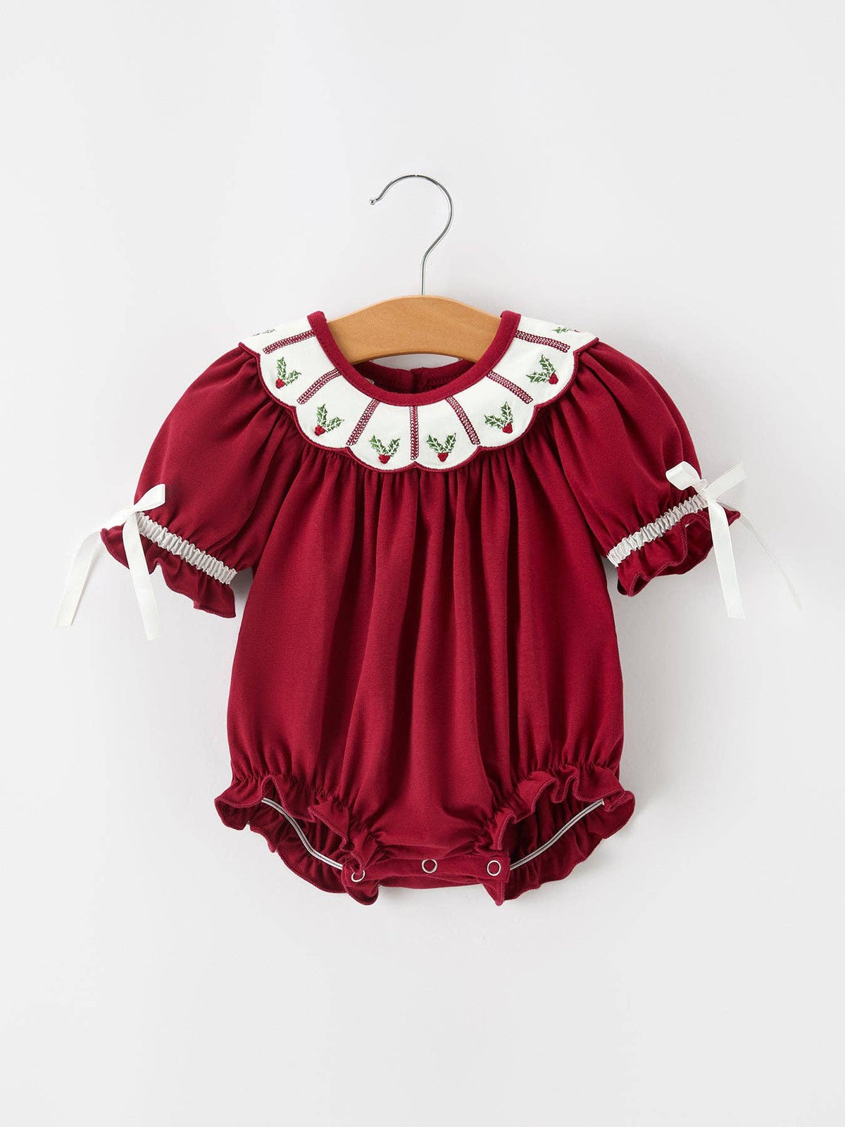 Christmas Holly Embroidered Baby Romper Petals Collar Ruffle: 3M