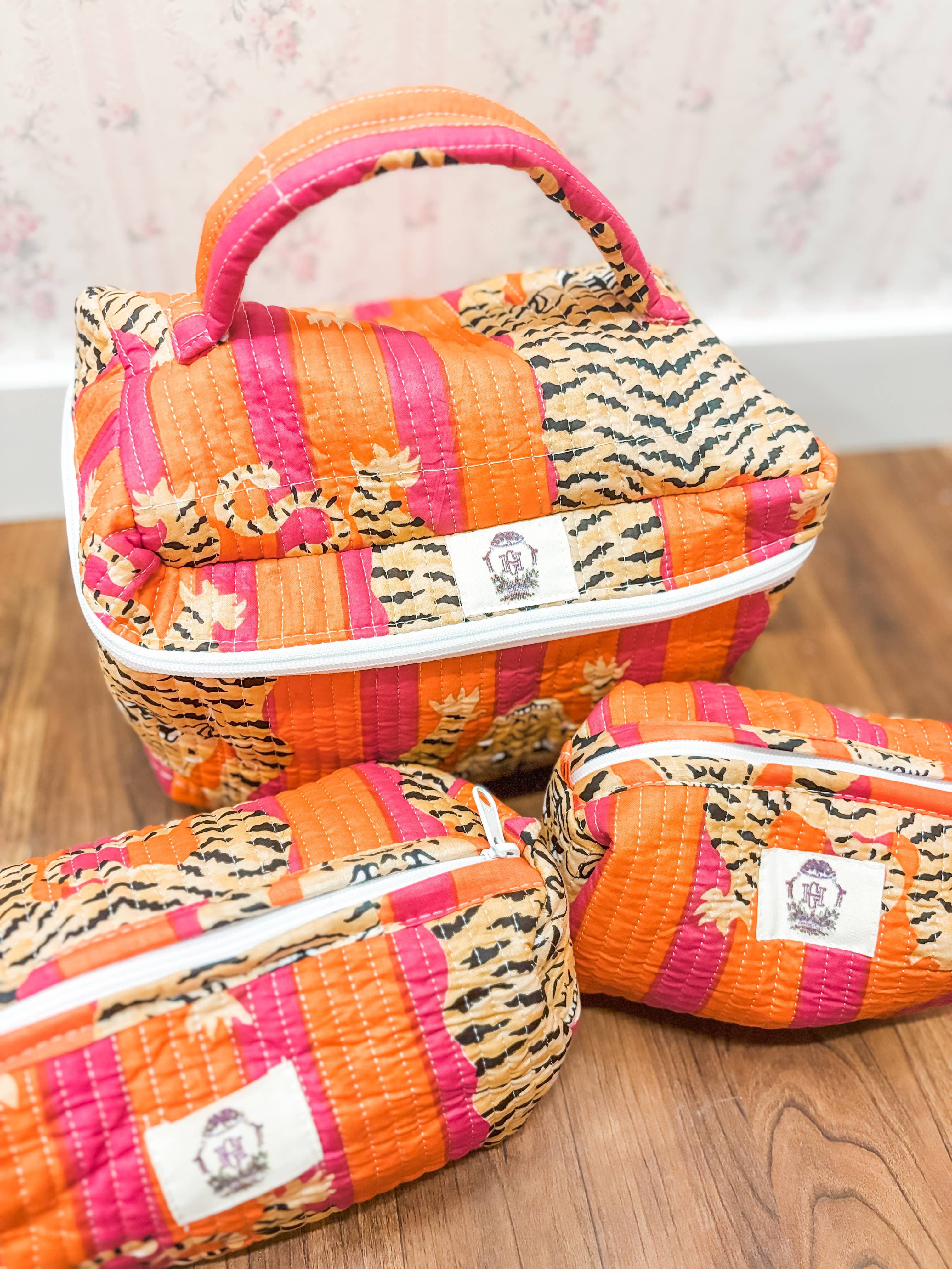 Orange + Pink Eye of the Tiger Set of 3 Cosmetic Bags