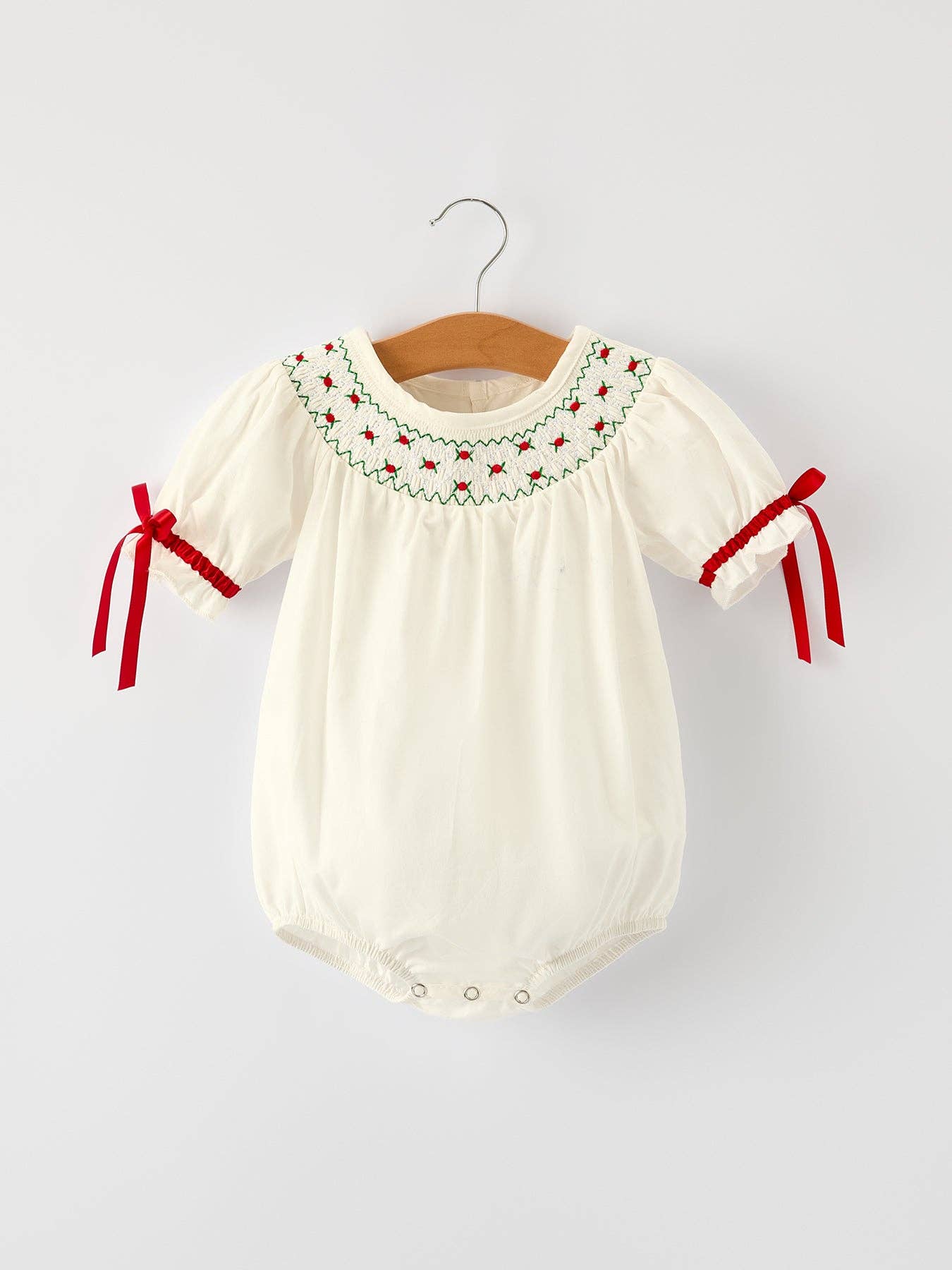 Christmas Girl's Romper : Delicate Embroidery with Red Bow Details: 12M - Persnickety Shop