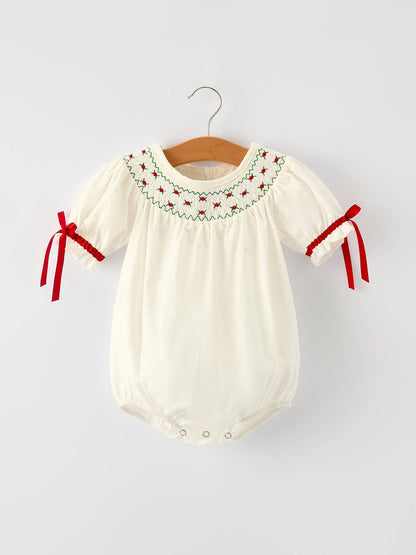Christmas Girl's Romper : Delicate Embroidery with Red Bow Details: 12M - Persnickety Shop