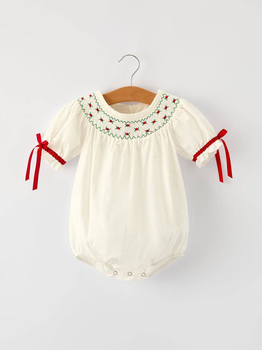 Christmas Girl's Romper : Delicate Embroidery with Red Bow Details: 12M - Persnickety Shop