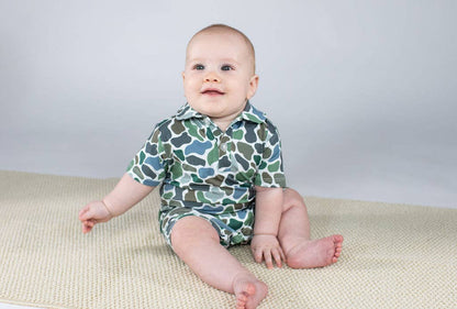 Pebble Camo - SS Polo Romper: 6-12 months - Persnickety Shop
